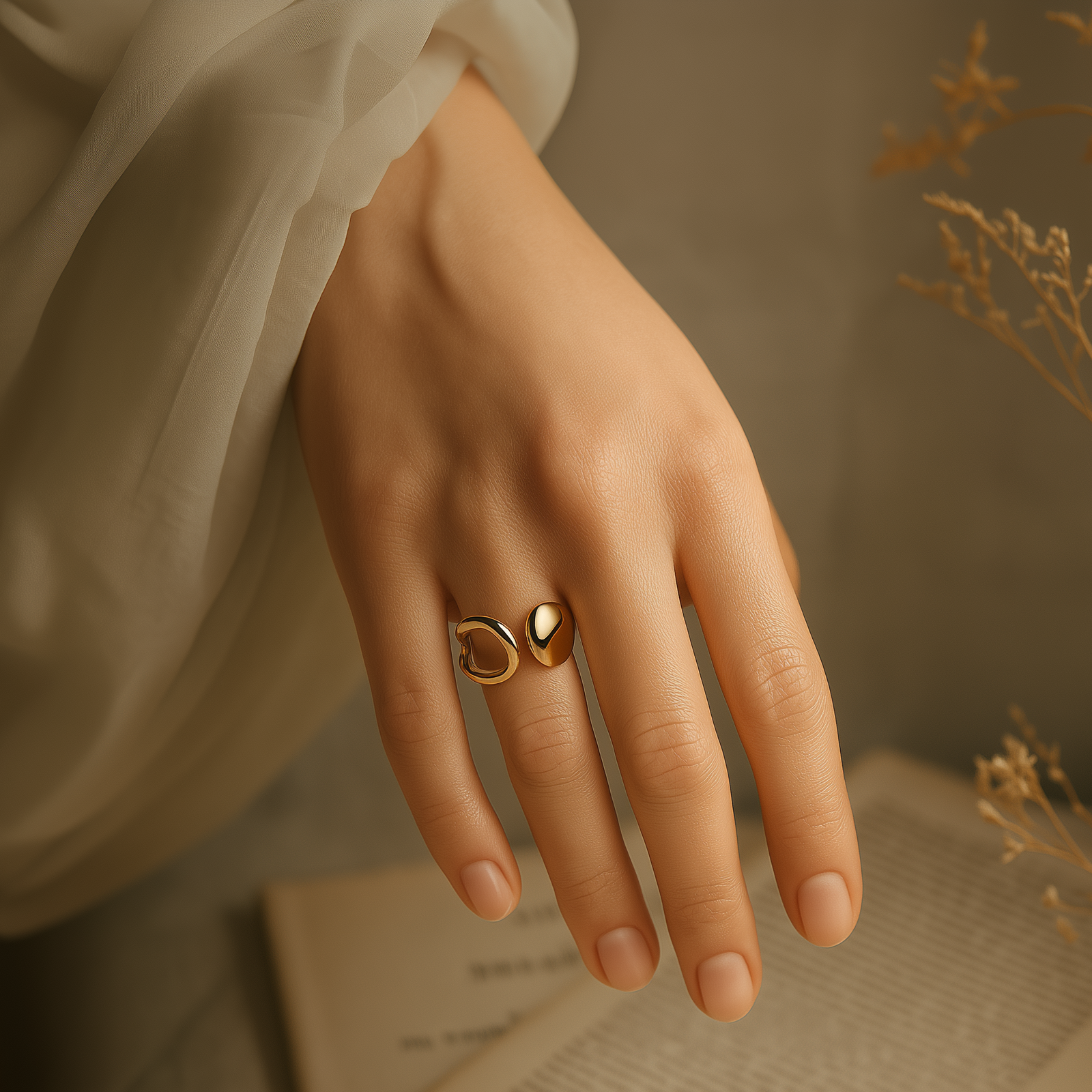 A close-up of a woman’s hand wearing the maia ring, a modern gold ring with two asymmetrical, polished ends. The hand rests gracefully over an open book, draped in a sheer, soft white fabric, with warm, ambient lighting creating an elegant and serene atmosphere.