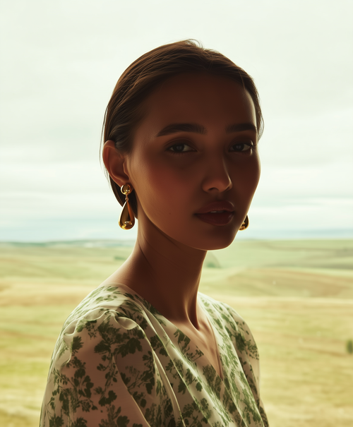 Model wearing Fae and Found Selene gold teardrop earrings with green floral dress in nature backdrop.